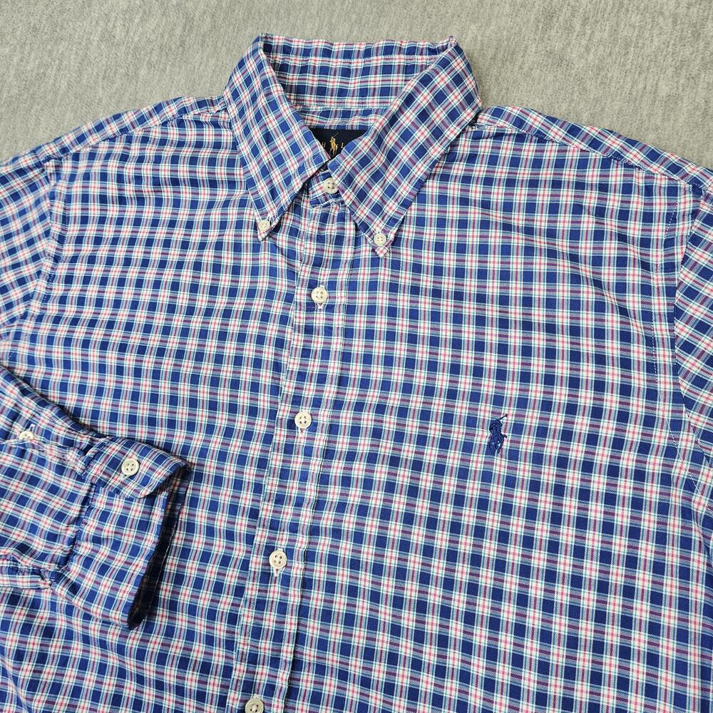 Ralph Lauren Shirt Mens Large Blue Plaid Button Down Cotton Casual Pony